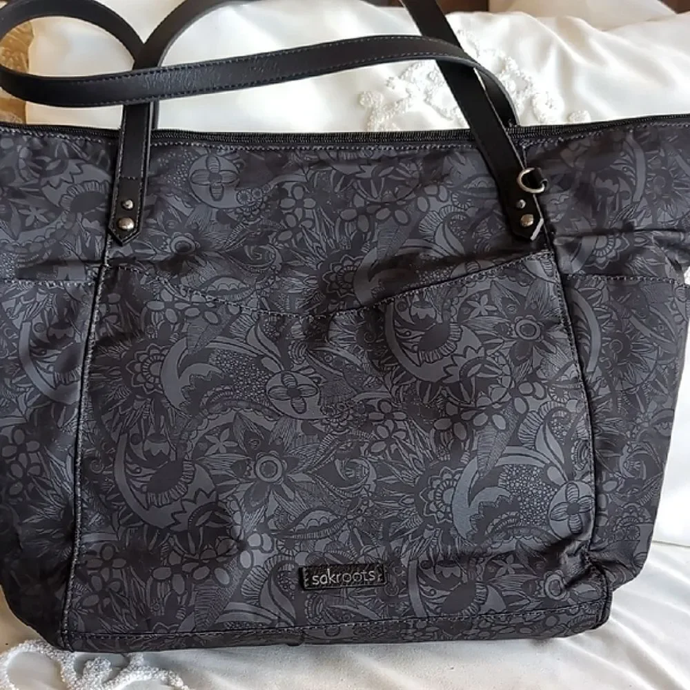 Sakroots Large Travel/Laptop Tote Gray/Black Floral Pattern NWOT